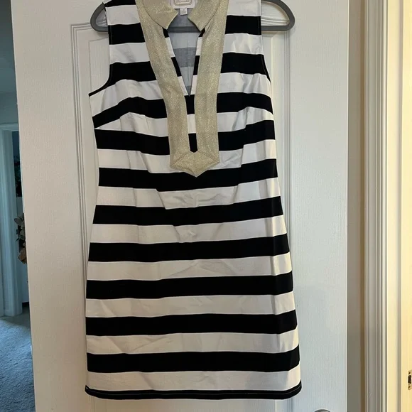 Dresses | Size M Blue And White Striped Dress With Gold Accent | Poshmark